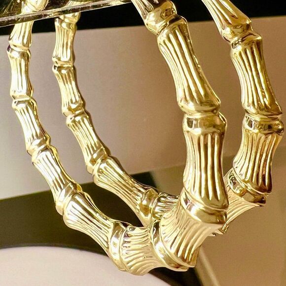14k Gold Large Hoop Bamboo Earrings - Picture 4 of 12